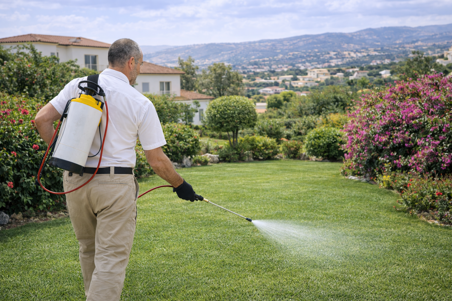 Pest control technician spraying outdoor area for fleas in Paphos