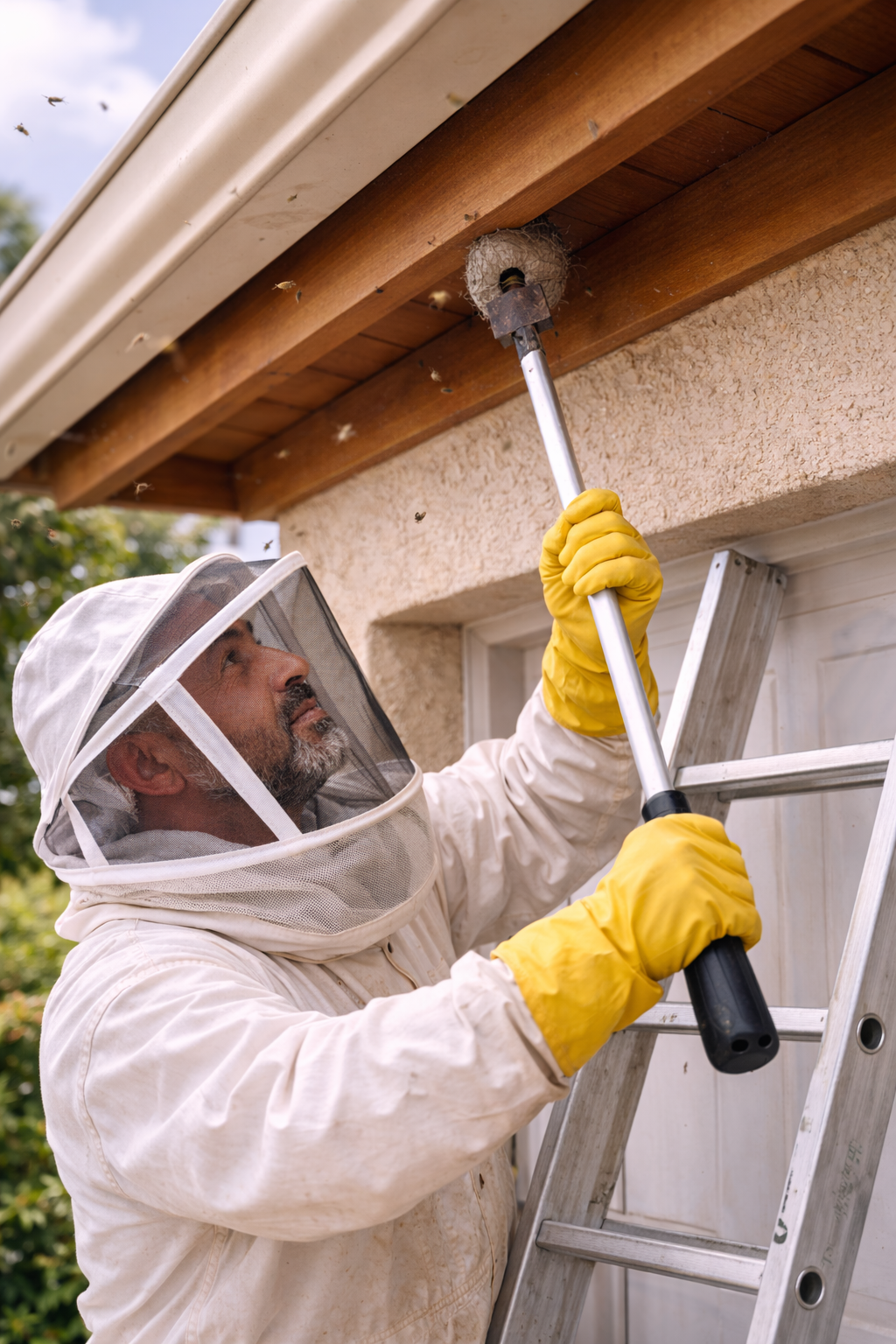 Technician removing bee nest from roof in Paphos