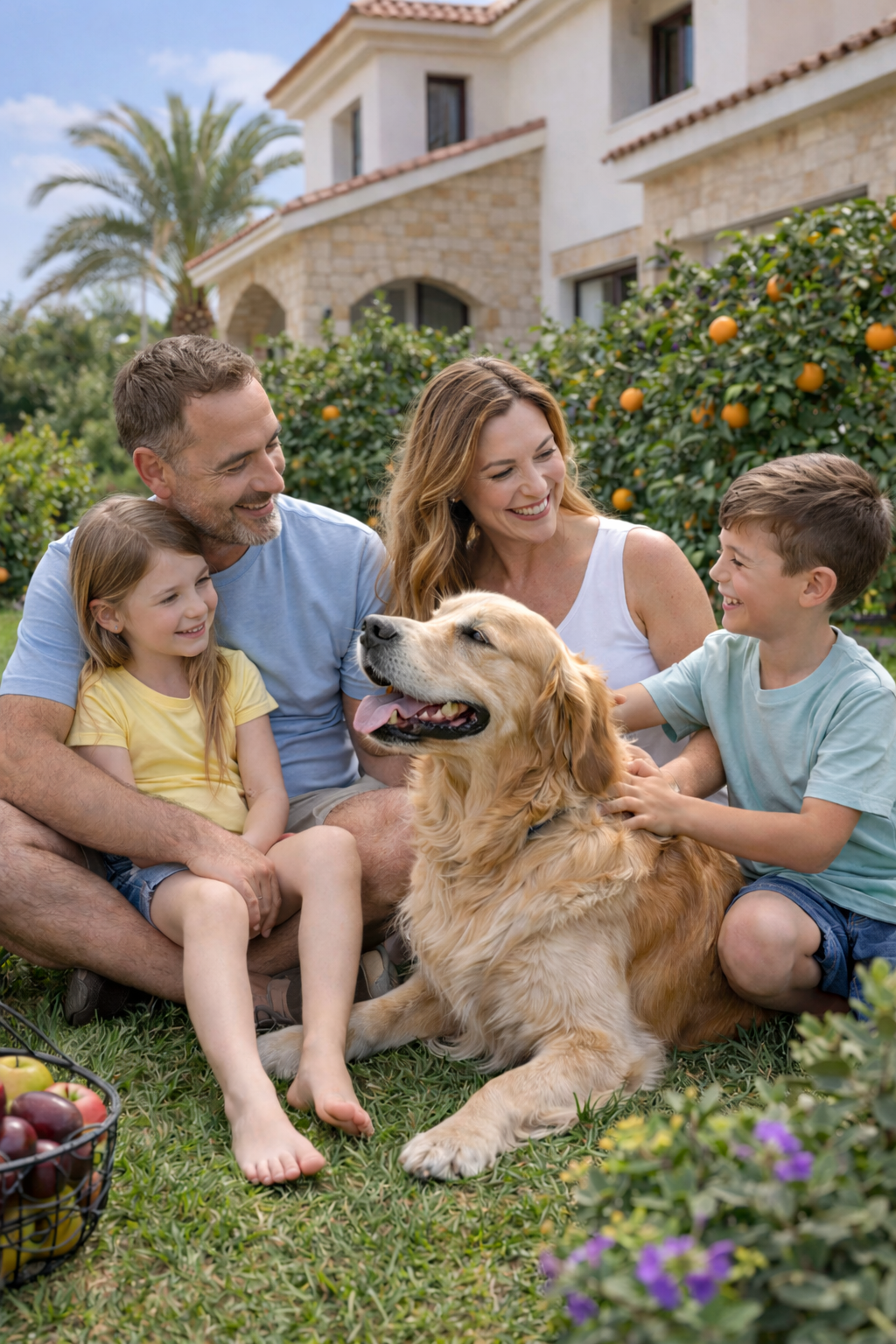 Family enjoying eco-safe pest-free garden in Peyia
