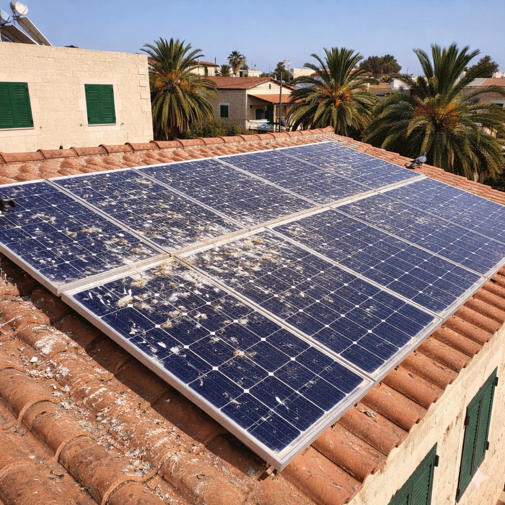 Solar panels covered in pigeon droppings in Cyprus