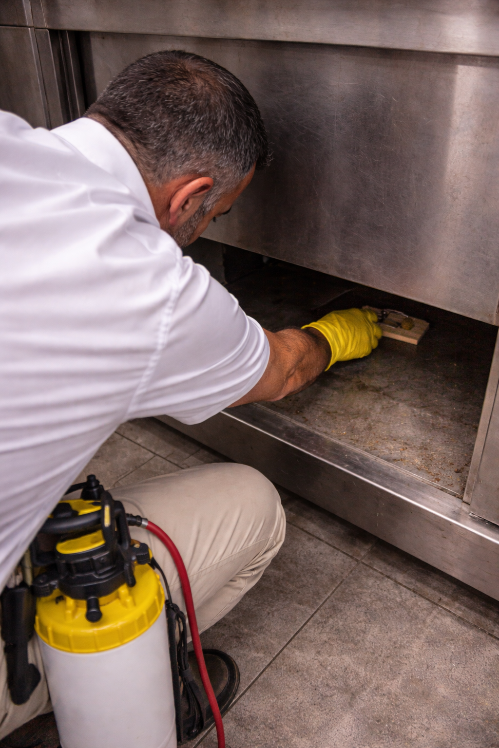 Pest control technician setting rat traps in Peyia
