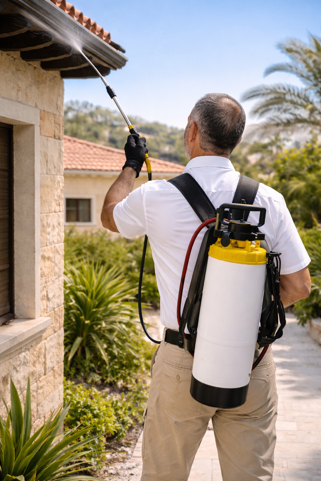 Pest technician spraying eaves for spiders in Paphos