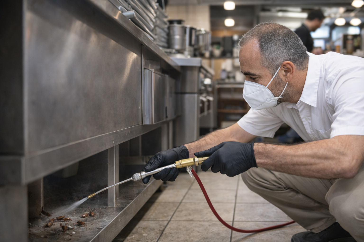Technician applying cockroach treatment in a Cyprus kitchen