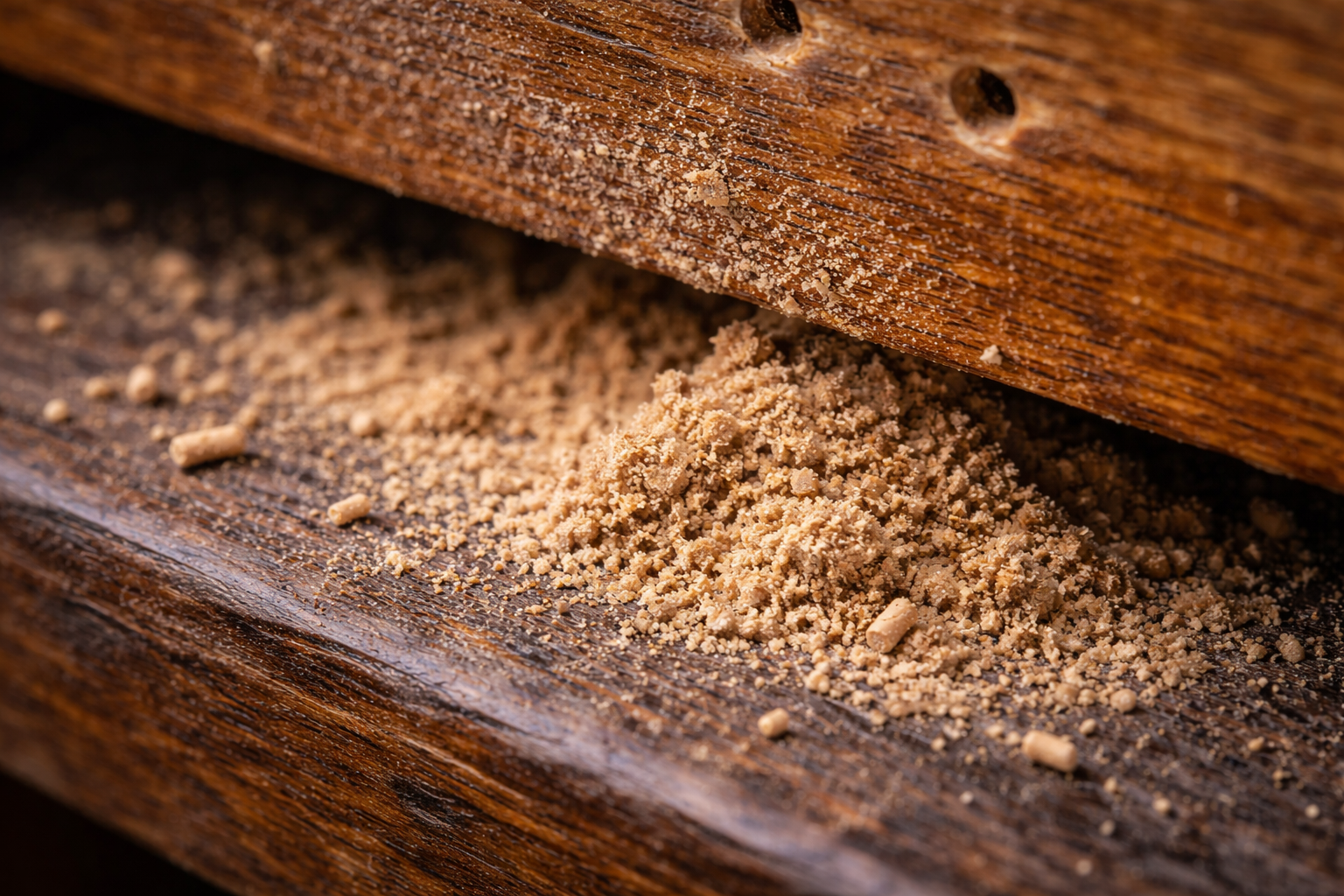 Woodworm frass beneath timber surface